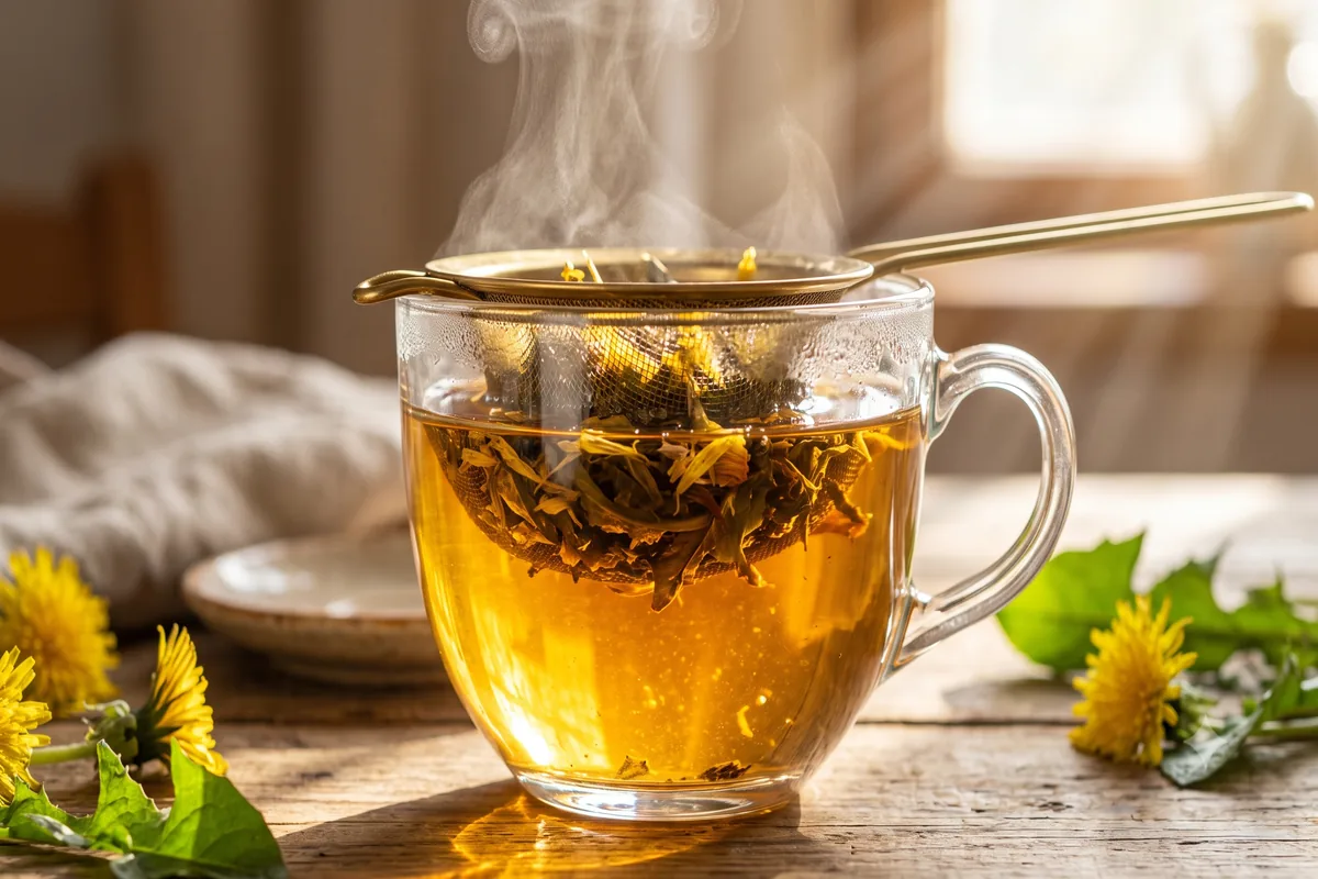 Màu nước trà bồ công anh vàng óng ả và hương thơm thảo mộc mộc mạc
