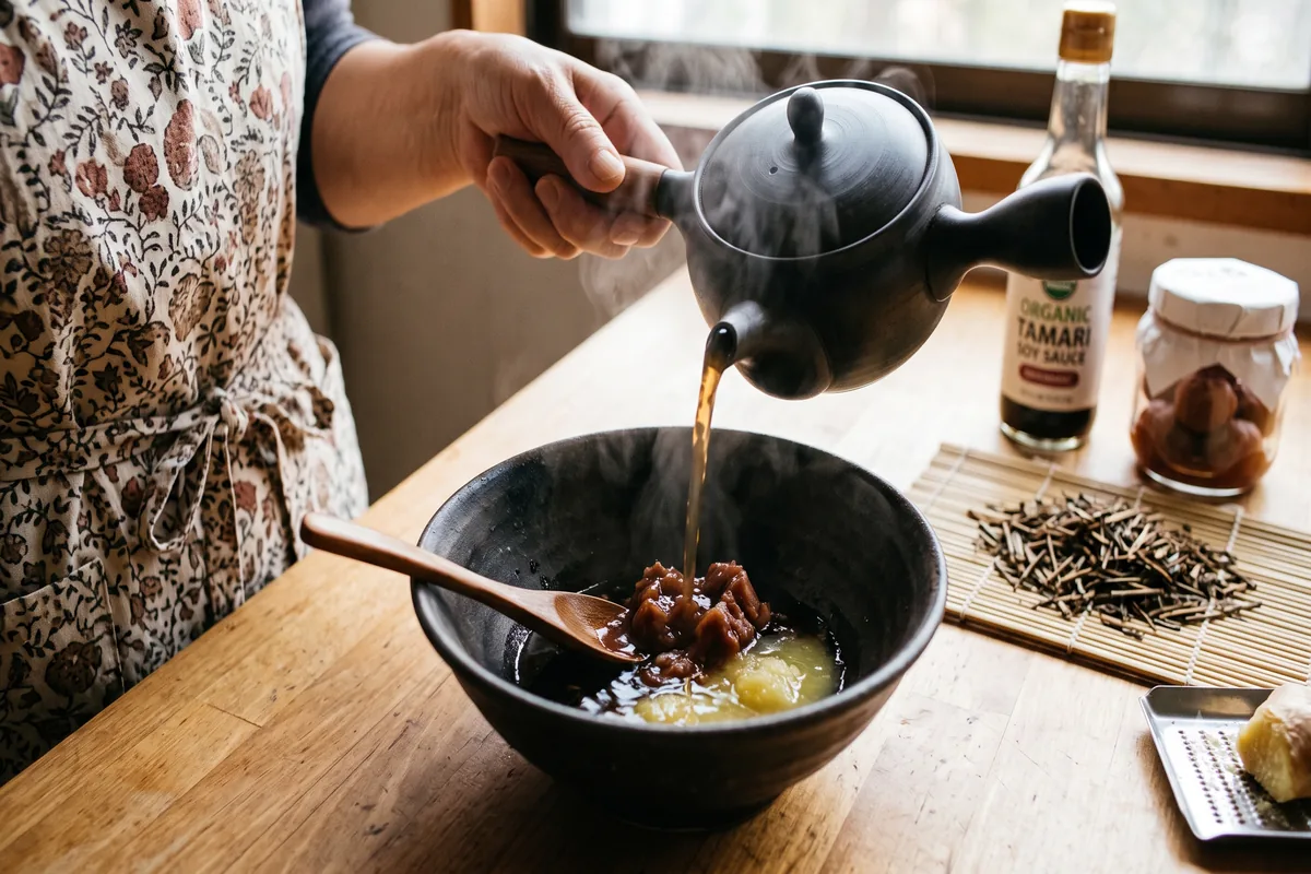 Cách pha trà thực dưỡng Bancha mơ muối Tamari cổ điển giải cảm phong hàn