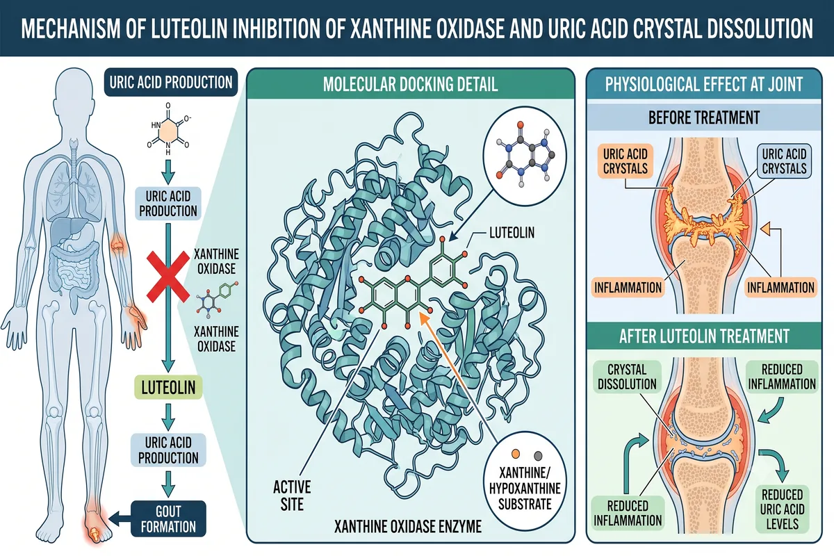 Cơ chế ức chế enzyme Xanthine Oxidase của luteolin và axit rosmarinic hòa tan tinh thể urat