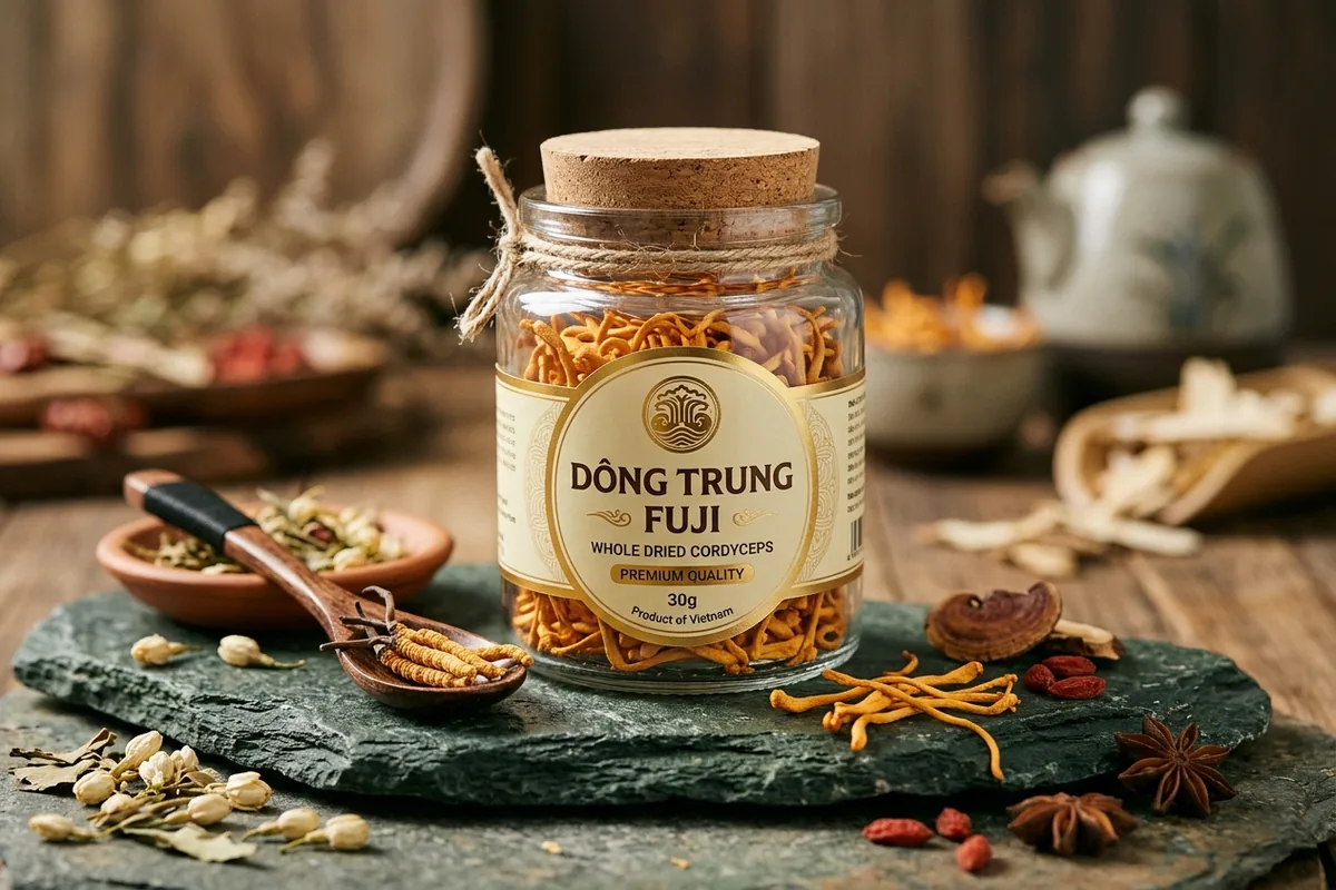 Sản phẩm Đông Trùng Khô 20g thương hiệu Đông Trùng Fuji Lâm Đồng